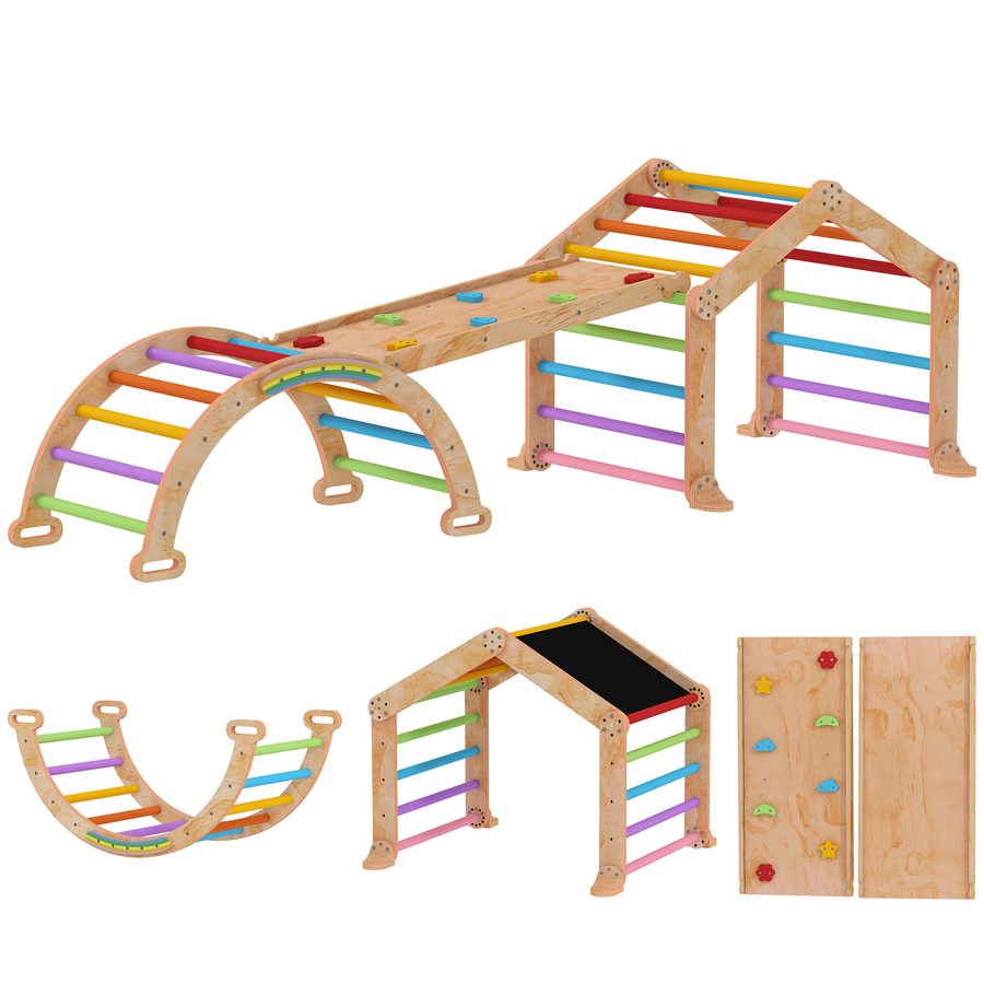 AIYAPLAY Kletterdreieck Kinder 9-in-1 aus Holz, mit umkehrbarer Rampe, Rutsche, Wippe und Kletterrahmen, max. Belastung 50 kg, für Babys 18-48 Monate, mehrfarbig   Aosom von AIYAPLAY