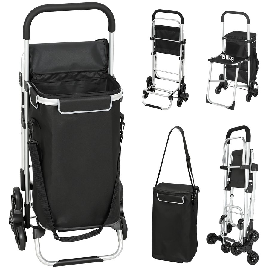 HOMCOM 3-in-1 Einkaufstrolley klappbar mit 40L Kapazität, klappbar Sitz, Trolley bis 25kg belastbar Einkaufswagen mit Kühlfach, verstellbarem Griff, Sackkarre Umhängetasche Treppensteiger Schwarz   Aosom von HOMCOM