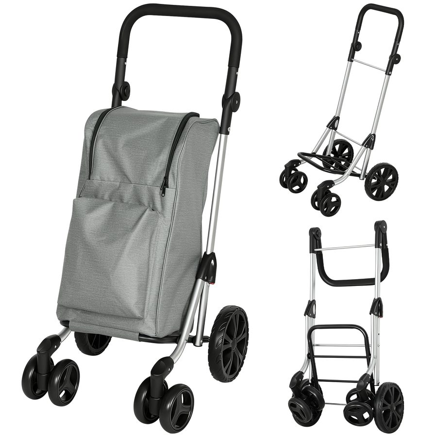 HOMCOM Einkaufstrolley klappbar Einkaufswagen mit Kühlfach, verstellbar Griff, 46L Kapazität, 3in1 Trolley, Sackkarre & Umhängetasche Einkaufsroller mit abnehmbarer Tasche, 6 Rädern Grau   Aosom von HOMCOM