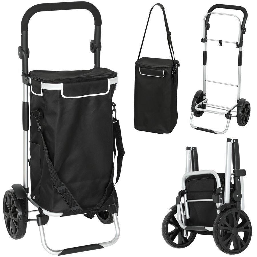 HOMCOM 3-in-1 Einkaufstrolley klappbar mit 40L Kapazität belastbar Trolley bis 25kg Einkaufswagen mit Kühlfach Sackkarre Umhängetasche Treppensteiger Schwarz   Aosom von HOMCOM
