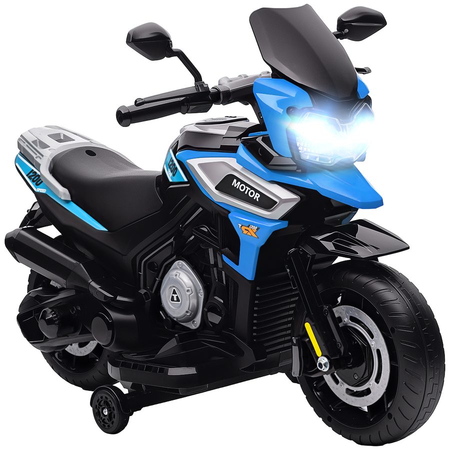 AIYAPLAY Elektrisches Kinder-Motorrad 18-36 Monate, 6V Kinder-Elektromoped mit abnehmbaren Stützrädern, Scheinwerfer, Musik, 2.4 km/h Mini-Motorrad mit Licht, max. 30kg, Blau   Aosom von AIYAPLAY