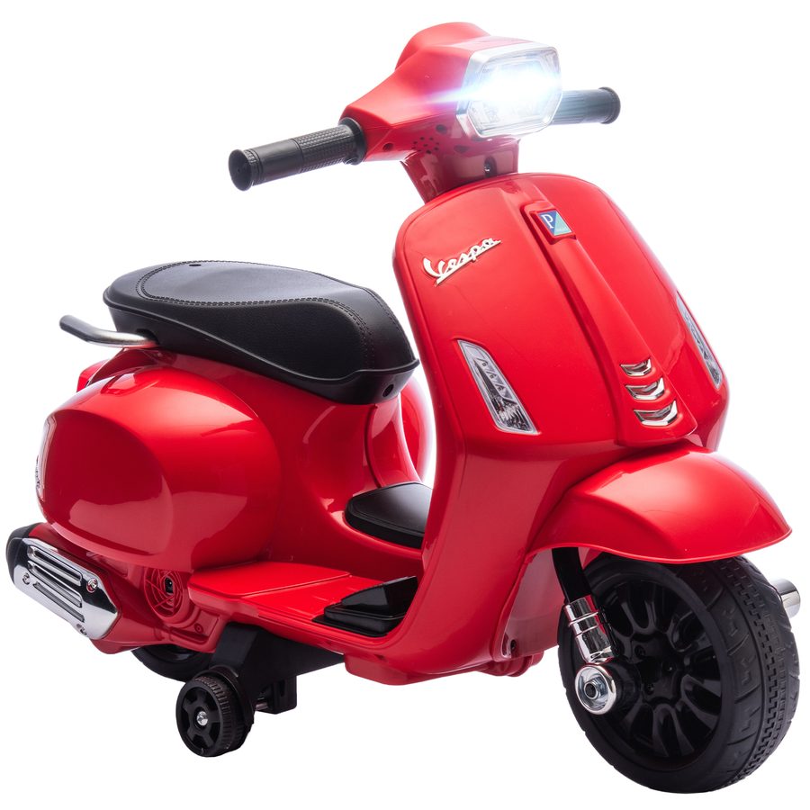 AIYAPLAY Elektrisches Kinder-Motorrad 6V mit Vespa-Lizenz, Kinder-Elektromotorrad mit Stützrädern 17,5 cm, Geschwindigkeit 2,5 km/h, Scheinwerfer und Hupe, für Kinder 2–6 Jahre, Rot   Aosom von AIYAPLAY