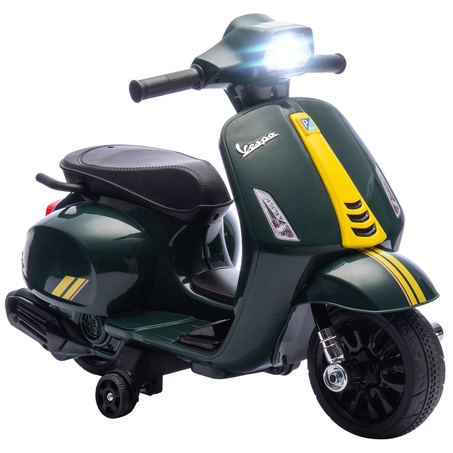 AIYAPLAY Kinder-Elektromotorrad mit offizieller Vespa-Lizenz, wiederaufladbare 6V-Batterie und Stützräder, Licht und Hupe, 2-6 Jahre, Dunkelgrün   Aosom von AIYAPLAY