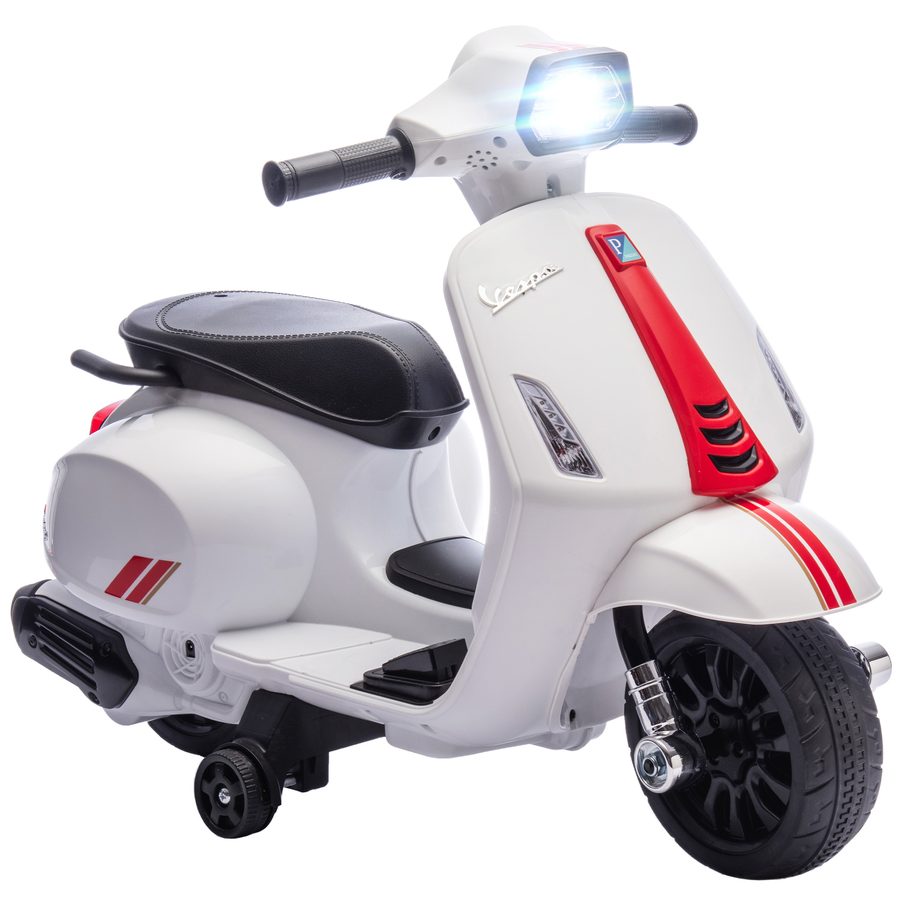 AIYAPLAY Elektrisches Kinder-Motorrad 6V mit Vespa-Lizenz, Kinder-Elektromotorrad mit Stützrädern 17,5 cm, Geschwindigkeit 2,5 km/h, Scheinwerfer und Hupe, für Kinder von 2-6 Jahren, Weiß   Aosom von AIYAPLAY