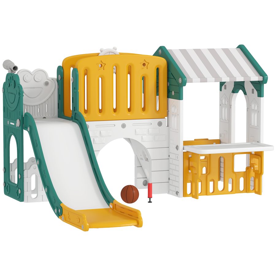 AIYAPLAY 7 in 1 Kinderrutsche mit Klettergerüst Kleinkindrutsche mit Basketballkorb, Tunnel, Teleskop, Stauraum, Spielhaus, Indoor und Outdoor Spielplatz für Kleinkinder 1-4 Jahre, Gelb+Grün   Aosom von AIYAPLAY