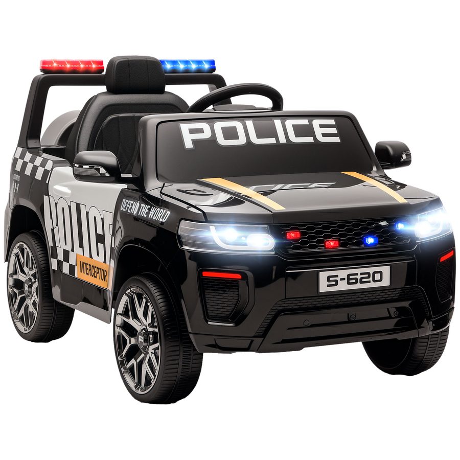 AIYAPLAY Elektro-Polizeiauto für Kinder, 12V Batterieauto, mit Doppelantrieb, 2,4-G-Fernbedienung, 4-Rad-Federung, Sirene, LED-Scheinwerfer, USB-Anschluss, Bluetooth und Musik, Schwarz   Aosom von AIYAPLAY