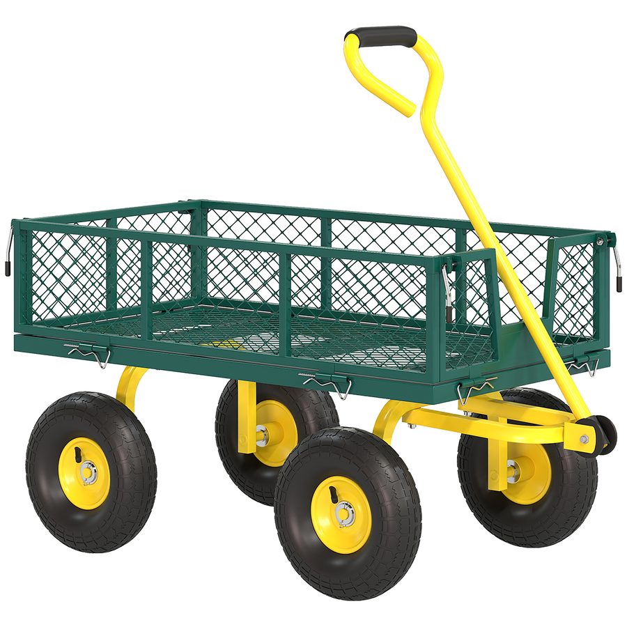 Outsunny Robuster Gartenwagen aus Stahl mit abnehmbaren Seitenwänden, in Ladefläche verwandelbar, 25 cm Räder, 180° schwenkbarer Griff, Tragfähigkeit 200 kg, für Strand, Rasen und Garten, Grün   Aosom von Outsunny