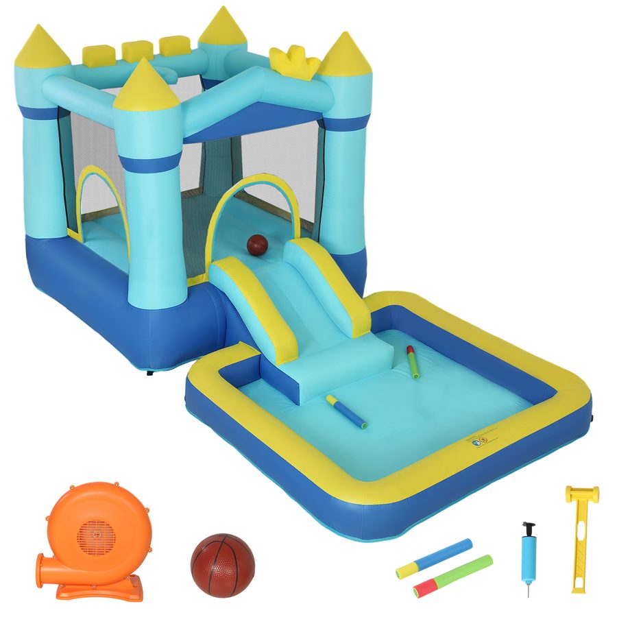 AIYAPLAY Hüpfburg mit Gebläse Aufblasbar Spielburg mit Rutsche Bällebad Basketballkorb für 3-8 Jahre belastbar bis 90kg 364x173x182cm   Aosom.de von AIYAPLAY