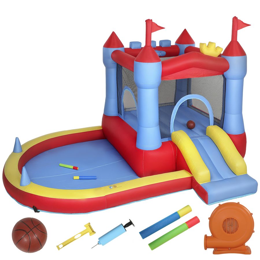 AIYAPLAY Hüpfburg mit Gebläse Aufblasbar Spielcenter mit Rutsche Trampolin Planschbecken/Bällebad Basketballkorb Wasserpistole Bouncy Castle für 3-8 Jahre Kinder für Indoor & Outdoor 342x255x209 cm   Aosom von AIYAPLAY