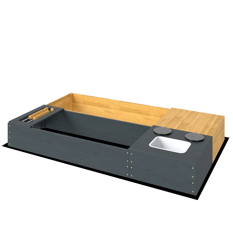 AIYAPLAY Sandkasten 2-teilig 150 x 90 cm Sandkiste aus Holz mit Sitzbank Stauraum Herd herausnehmbarem Waschbecken Abakusperlen Sandbox für Kinder von 3-8 Jahren, für Outdoor Garten Hinterhof Gelb   Aosom von AIYAPLAY
