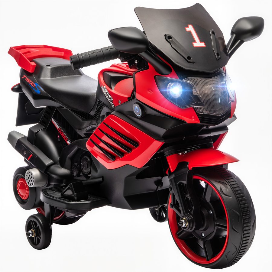AIYAPLAY Elektrisches Kinder-Motorrad 6V, Kinder-Elektromotorrad mit Stützrädern, Musik, Scheinwerfer, für Kinder 18-36 Monate, Rot   Aosom von AIYAPLAY
