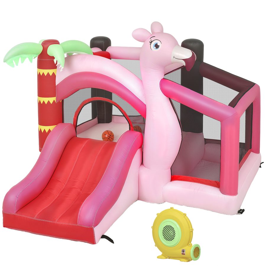 AIYAPLAY Hüpfburg für Kinder mit Gebläse, Hüpfburg mit Rutsche, Trampolin, Bällebad, Basketballkorb, Flamingo-Design, Innen und Außen, 255x230x196 cm   Aosom von AIYAPLAY