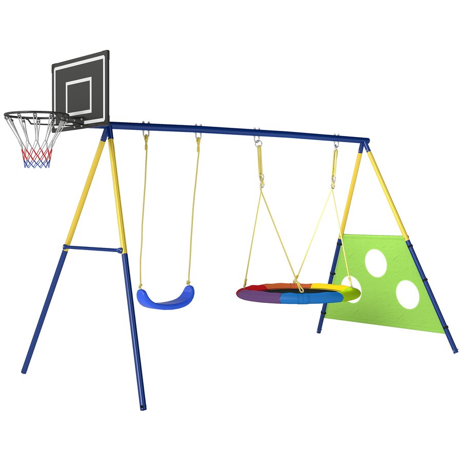 AIYAPLAY Schaukelgestell 4-in-1 Schaukel-Set bis 150 kg mit Nestschaukel Basketballkorb Fußballtor U-Schaukel Outdoor Schaukelgerüst mit Stahlgestell, verstellbarem Seil, für Kinder 288 x 160 x 220 cm   Aosom von AIYAPLAY
