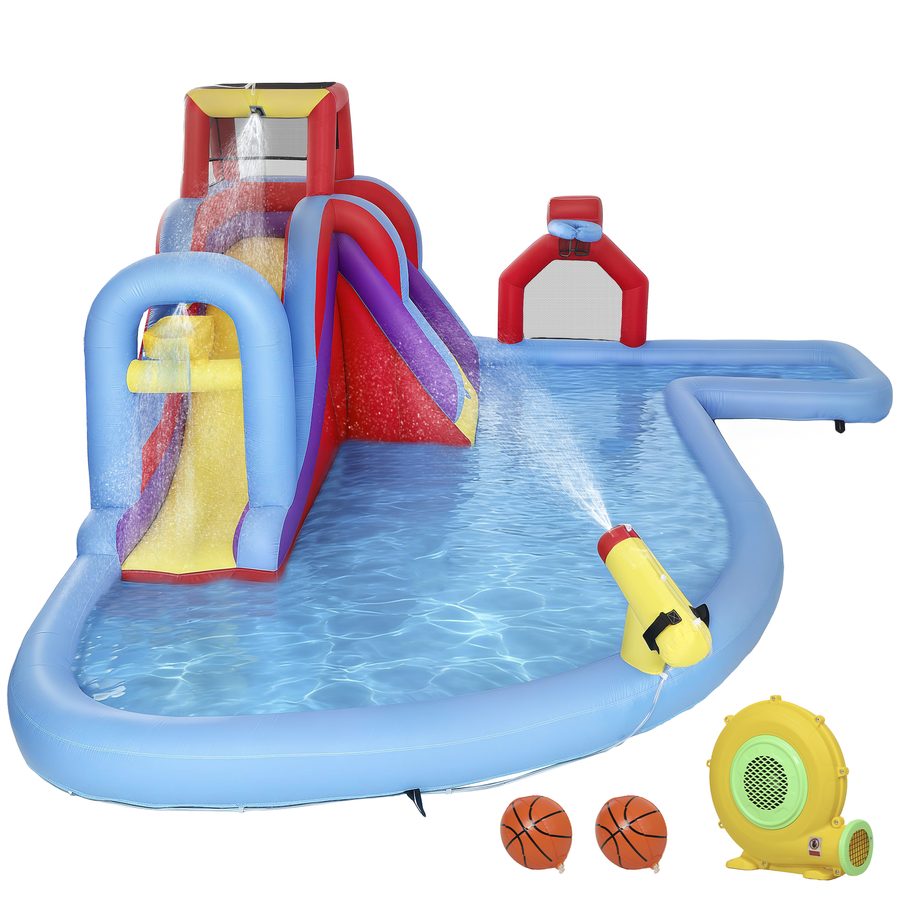 AIYAPLAY Wasseraufblasbares Schloss mit Gebläse 550W 6-in-1 Aufblasbarer Spielplatz für Kinder mit Rutsche Kletterwand Pool Basketballkorb Fußballtor Außen Innen 470x445x205 cm   Aosom von AIYAPLAY