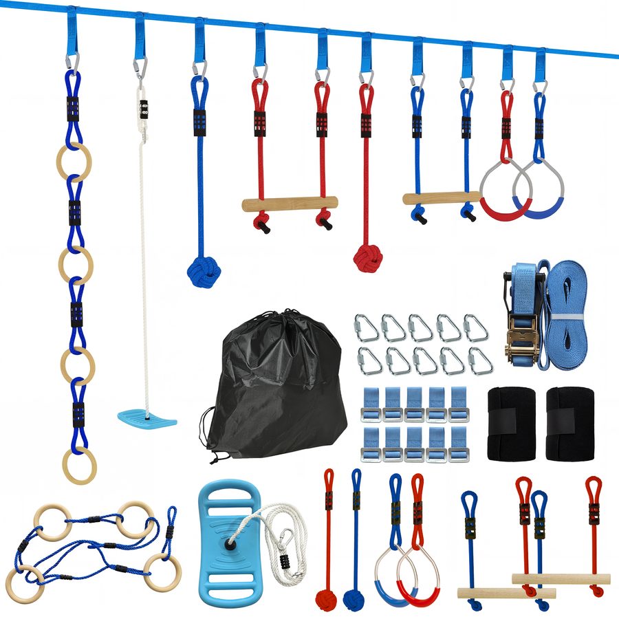 AIYAPLAY Ninja Line Kinder 10m 9-teilig Slackline Set mit 2 Turnringe, 3-in-1 Schaukel, 2 Kletterstange, Baumschutz, 2 Greifbällen, Tasche Outdoor Spielset Ausrüstung für 3-8 Jahre Kinder Mehrfarbig   Aosom