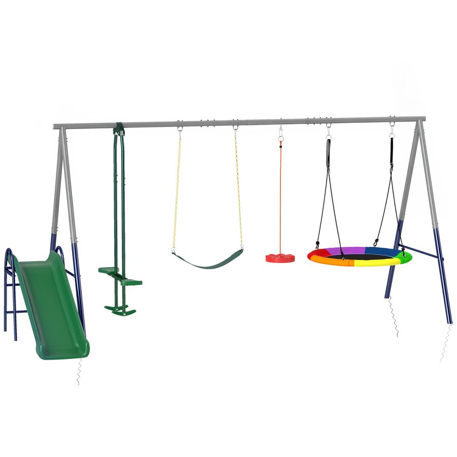 AIYAPLAY Schaukelgestell Kinder Outdoor 5-in-1 mit Rutsche, 3 Schaukeln, Gegenüber-Schaukel, Außenspielplatz aus Stahl, höhenverstellbar, Tragfähigkeit 350 kg, Für Kinder 3-8 Jahre, Mehrfarbig   Aosom von AIYAPLAY
