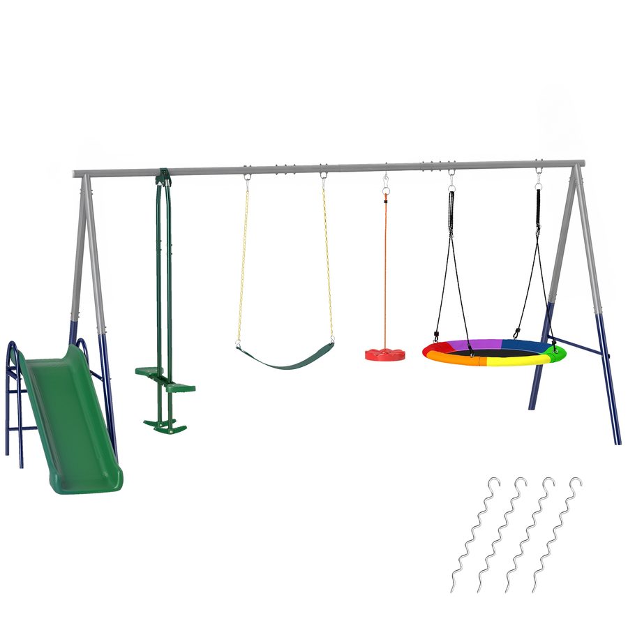 AIYAPLAY Schaukelgestell 5 in 1 Kinderschaukel Set mit Rutsche höhenverstellbar Schaukelgerüst mit Nestschaukel Gurtschaukel Gleiter Stehschaukel bis 350 kg für 3-8 Jahre 382x196 x203 cm Mehrfarbig   Aosom von AIYAPLAY