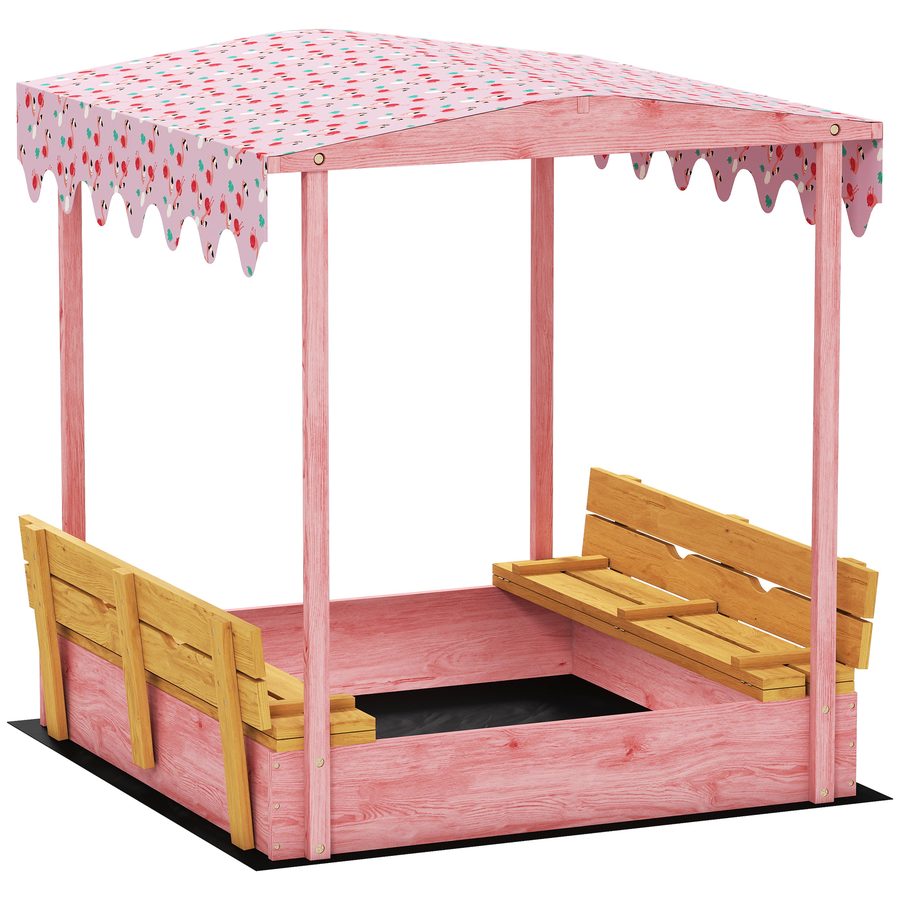 AIYAPLAY Sandkasten für Kinder 3-6 Jahre mit Flamingo-Überdachung, klappbare Sitzbänke, Deckel und Einsatz, Sandkasten aus Fichtenholz, 134.5x127.5x130 cm, Rosa   Aosom von AIYAPLAY