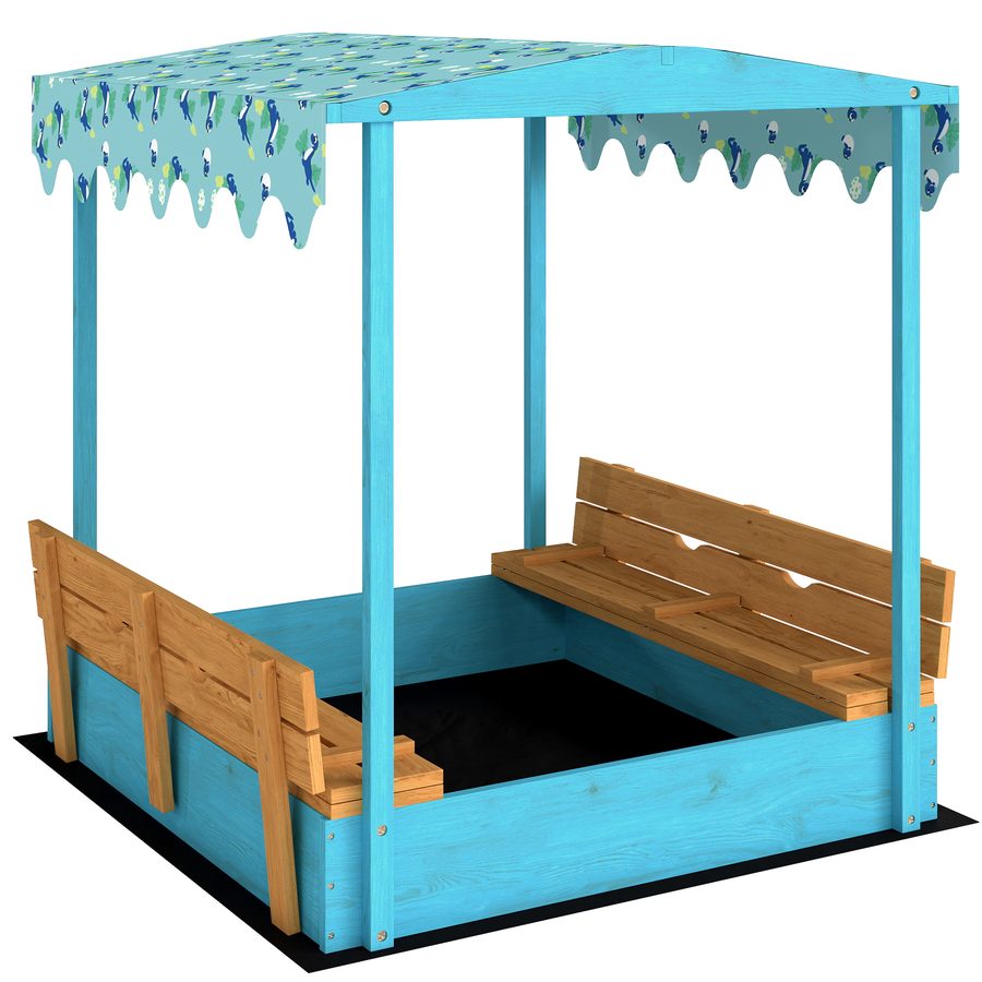 AIYAPLAY Sandkasten für Kinder 3-6 Jahre mit Dinosaurier-Sonnendach, klappbaren Sitzen, Deckel und Einlage, Sandkasten aus Fichtenholz, 134.5x127.5x130 cm, Blau   Aosom von AIYAPLAY