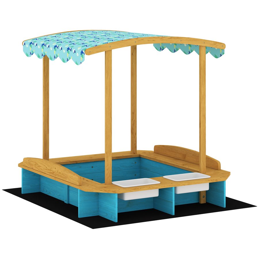 AIYAPLAY Sandkasten aus Holz mit Dach, Kindersandkasten mit 3 Bänken, 2 PP-Boxen, Unterlage, Sandkasten für Kinder 3-6 Jahre, für Terrasse, Garten, Balkon, 128x118x121 cm, Blau   Aosom von AIYAPLAY