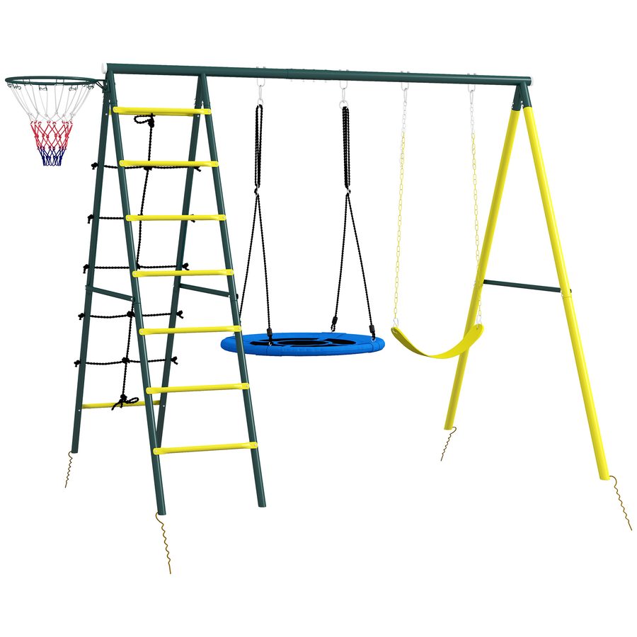Outsunny Kinderschaukel 4-in-1, mit Nest- und Einzelschaukel, Kletternetz, Basketballkorb, Leiter, Traglast 160 kg, für Außenbereich, Spielplatz für Kinder von 3 bis 8 Jahren, Gelb   Aosom von Outsunny