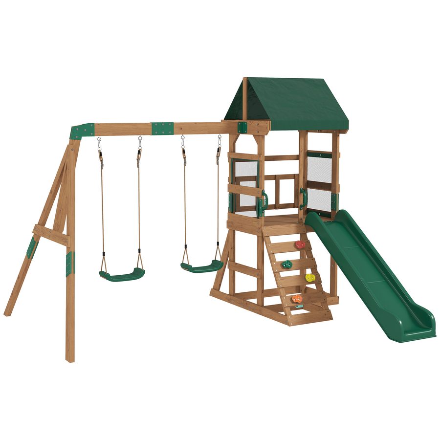 AIYAPLAY Spielturm Klettergerüst Schaukelgestell mit 194,5cm Rutsche, 2 Schaukeln, Kletterwand, überdachtem Oberdeck Outdoor Kinder Kletterturm aus Holz Spielhaus für 3-8 Jahre Kinder 315x284x233 cm   Aosom von AIYAPLAY