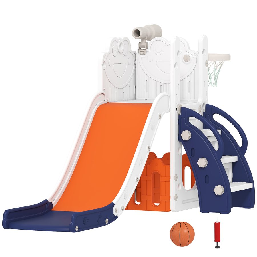 AIYAPLAY Kinderrutsche 5 in 1 Indoor und Outdoor Babyrutsche mit Basketballkorb, Klettergerüst, Spielteleskope, Stauraum, Frosch-Motiv Spielplatz für Kleinkinder 1-3 Jahre, Orange   Aosom von AIYAPLAY