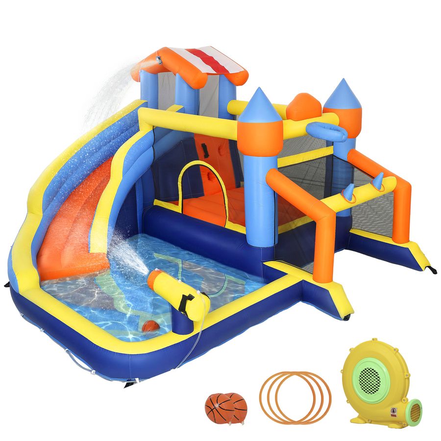 AIYAPLAY Hüpfburg mit Gebläse 8-in-1 aufblasbare Wasserpark mit Wasserrutsche Planschbecken Trampolin Kletterwand Basketballkorb Springburg für 4 Kinder von 3–8 Jahren für Indoor Outdoor 350x325x210cm   Aosom von AIYAPLAY