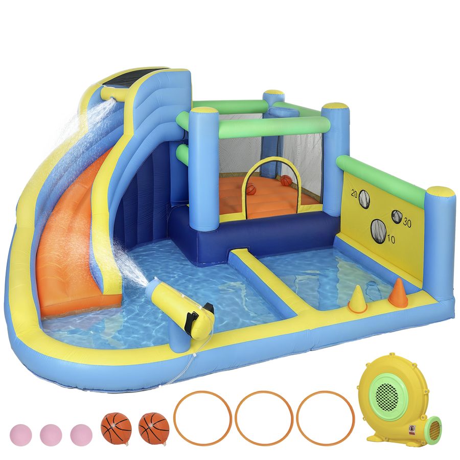 AIYAPLAY Hüpfburg mit Gebläse 9-in-1, Wasserpark, Rutsche, Trampolin, Bällebad, Kletterwand, Basketballkorb, Ballwurfspiel, Ringwurfspiel, Wasserkanone   Aosom von AIYAPLAY