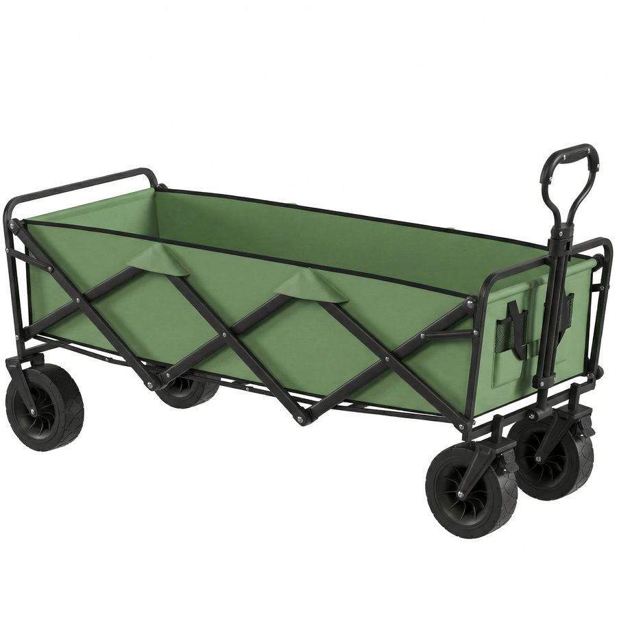 Outsunny Faltbarer Transportwagen 130L, Tragfähigkeit 250 kg, Geländegängiger Gartenwagen mit Rädern, verstellbarem Griff und Transporttasche für Strand, Camping, Garten, grün   Aosom von Outsunny