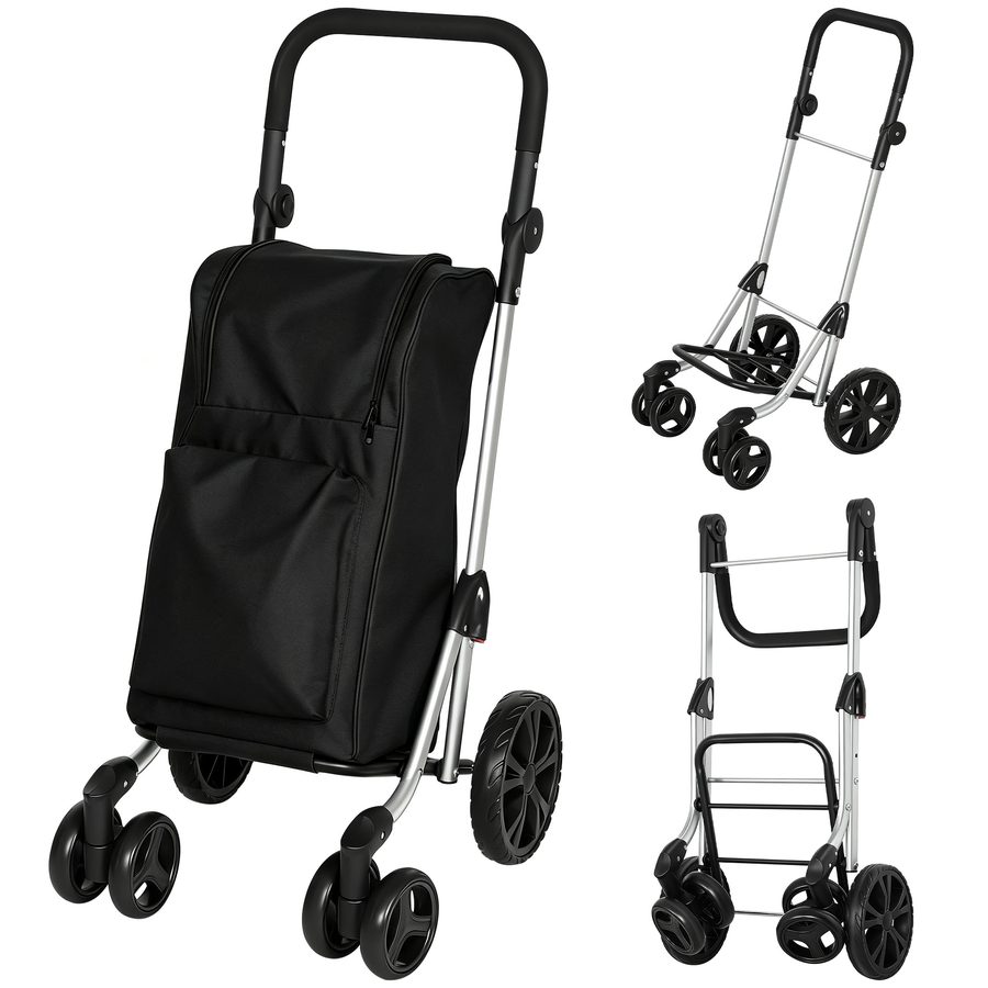 HOMCOM Einkaufstrolley klappbar Einkaufswagen mit Kühlfach, verstellbar Griff, 46L Kapazität, 3in1 Trolley, Sackkarre & Umhängetasche Einkaufsroller mit abnehmbarer Tasche, 6 Rädern Schwarz   Aosom von HOMCOM