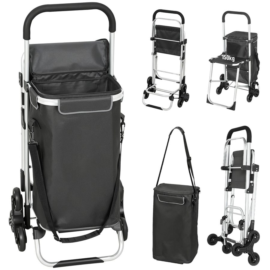HOMCOM 3-in-1 Einkaufstrolley klappbar mit 40L Kapazität, klappbar Sitz, Trolley bis 25kg belastbar Einkaufswagen Sackkarre Umhängetasche Treppensteiger Duneklgrau   Aosom von HOMCOM