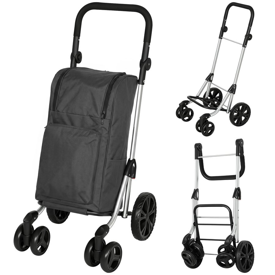 HOMCOM Einkaufstrolley klappbar Einkaufswagen mit Kühlfach, verstellbar Griff, 46L Kapazität, 3in1 Trolley, Sackkarre & Umhängetasche Einkaufsroller mit abnehmbarer Tasche, 6 Rädern Dunkelgrau   Aosom von HOMCOM