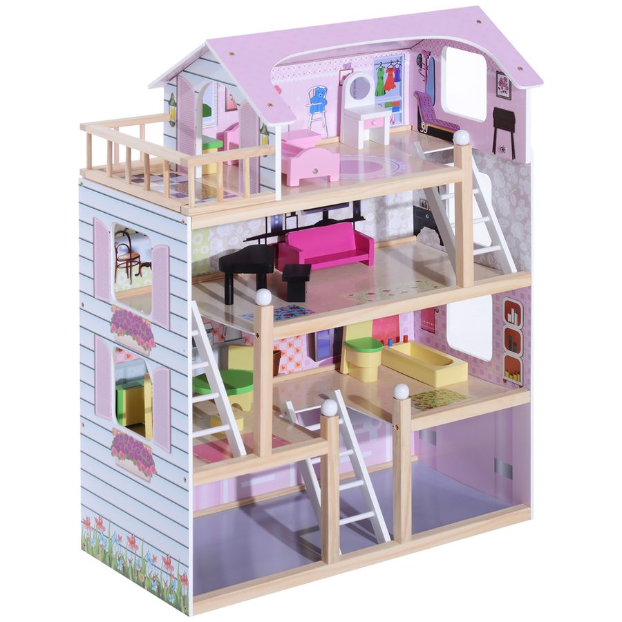 HOMCOM Puppenhaus Puppenstube aus Holz für Kinder ab 3 Jahren Dollhouse 4 Etagen mit Möbel und Zubehör Spielzeug 60 x 30 x 80 cm   Aosom von HOMCOM