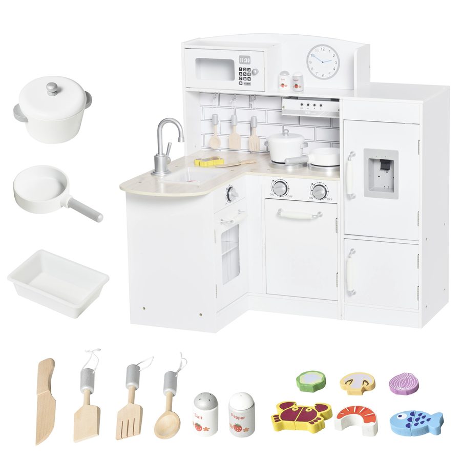 HOMCOM Kinderküche Spielküche mit elektronischem Wasserspender, Mikrowelle und Kühlschrank, Puppenküche mit Backofen, Kochgeschirrset, Küchenzubehör für Kinder ab 3 Jahren, Weiß   Aosom von HOMCOM