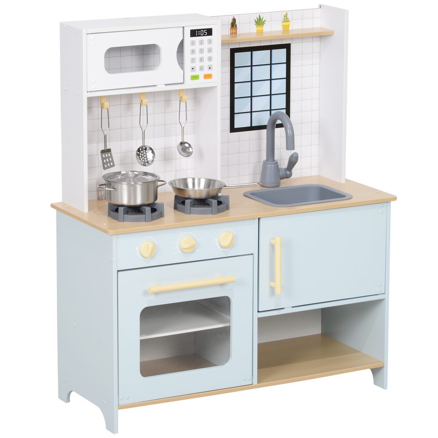 AIYAPLAY Kinderküche Spielküche mit Mikrowelle, Herd, Backofen und Küchenzubehör, Puppenküche mit Stauraum für 3+ Jahre Kinder, Blau   Aosom von AIYAPLAY