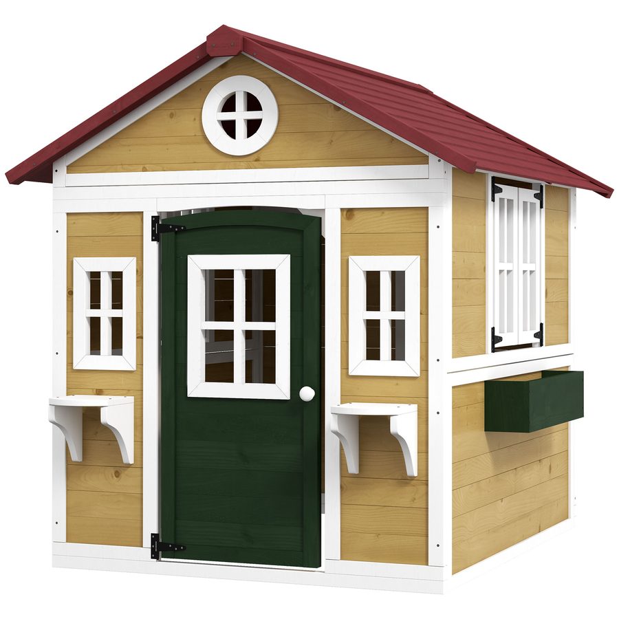Outsunny Spielhaus für Kinder im Freien, Außenspielhaus für Kinder, mit Tür, Fenstern und Blumenkästen, Gartenhäuschen für Kinder 3-8 Jahre, 114 x 126,4 x 135 cm, beige   Aosom von Outsunny