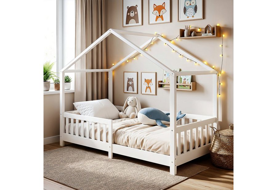 oyajia Kinderbett 90x200 cm Bodenbett Rausfallschutz abnehmbar bis 200 kg belastbar (Montessori Kinder- & Jugendbett aus Kiefer Massivholz), Bodenbett Hausbett mit Roll-Lattenrost von oyajia