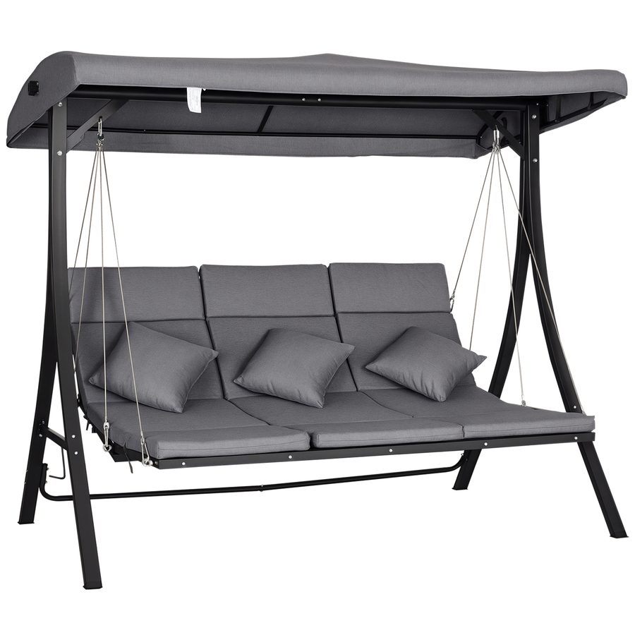 Outsunny Hollywoodschaukel, Gartenschaukel mit verstellbarem Sonnendach, Abnehmbare Kissen, 3-Sitzer, 198 x 118 x 168 cm, Grau+Schwarz   Aosom.de von Outsunny