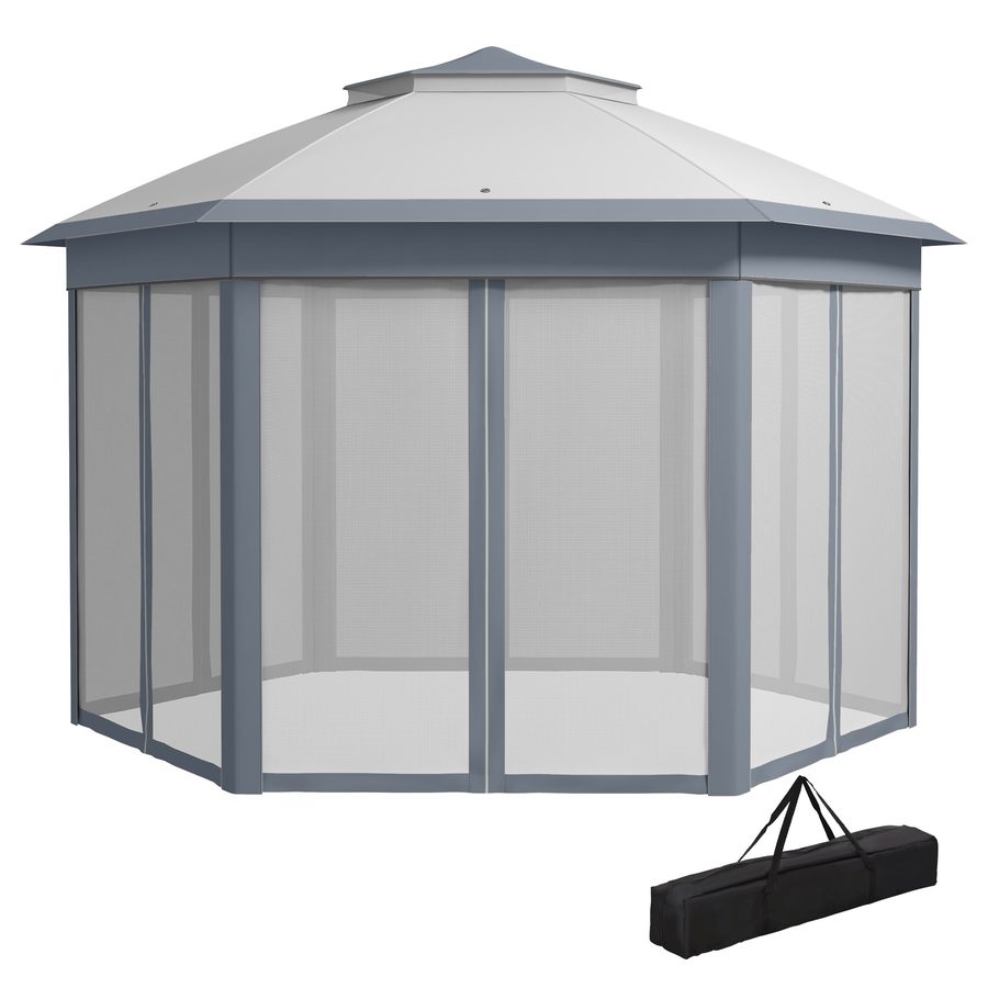 Outsunny Gartenpavillon Faltpavillon 4x4m Pop-Up-Zelt Partyzelt mit Tragetasche 6 Seitenteilen Doppeldach sechseckig grau für Gartenpartys   Aosom.de von Outsunny