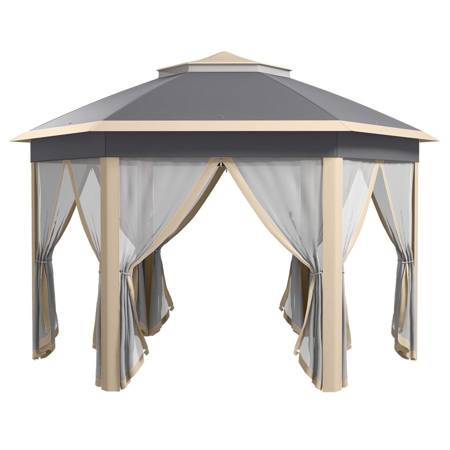 Outsunny Pavillon sechseckig 4x4m mit wasser- und UV-beständiger Abdeckung, Doppeldach, Lüftungsöffnung, Tragetasche, Polyester Beige und Khaki   Aosom.de von Outsunny