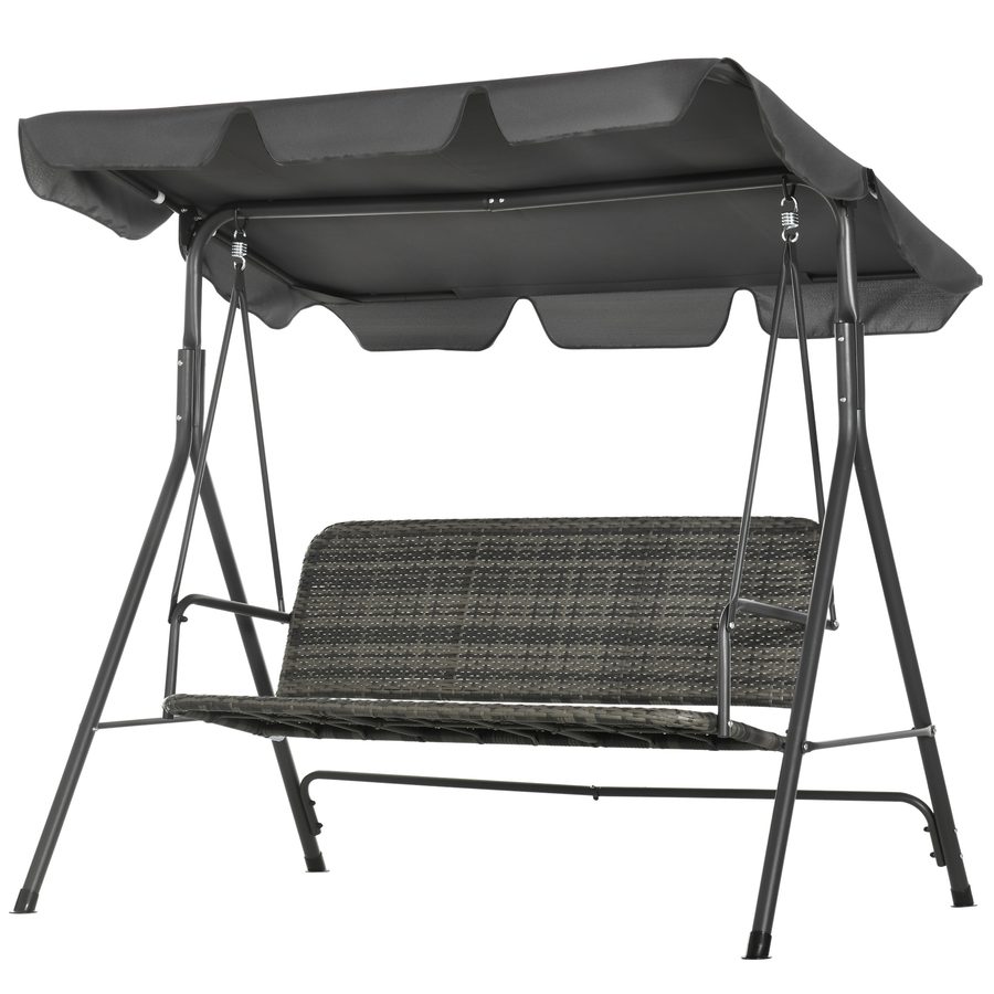 Outsunny Garten-Schaukelstuhl für den Außenbereich mit 3 Plätzen, Schaukelstuhl für den Außenbereich mit verstellbarem Dach, PE-Rattan-Sitz und Armlehnen für Balkon, Terrasse, Patio, Belastbarkeit 240 kg, 167x112x153 cm, Grau   Aosom von Outsunny