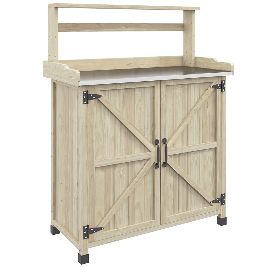 Outsunny Umsetztisch Gartentisch im rustikalen Stil mit Schrank und Ablagen, verzinkte Arbeitsplatte, rutschfeste Füße, vorgeöltes Fichtenholz, Maße 90,5L x 41l x 124,5H cm, Holzoptik natur   Aosom von Outsunny