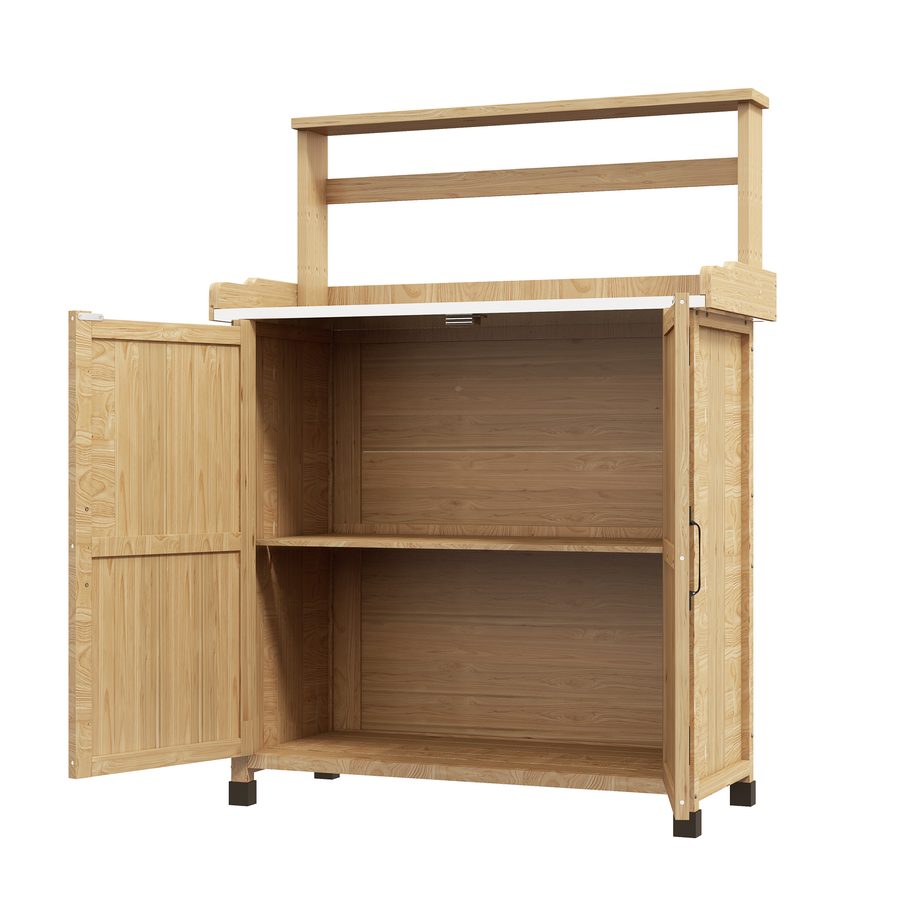 Outsunny Pflanztisch Gartentisch im rustikalen Stil mit Schrank und Regalen und verzinkter Arbeitsplatte rutschfeste Gummifüße Tannenholz vorgeölt Abm. 90,5L x 41B x 124,5H cm Gelb   Aosom von Outsunny