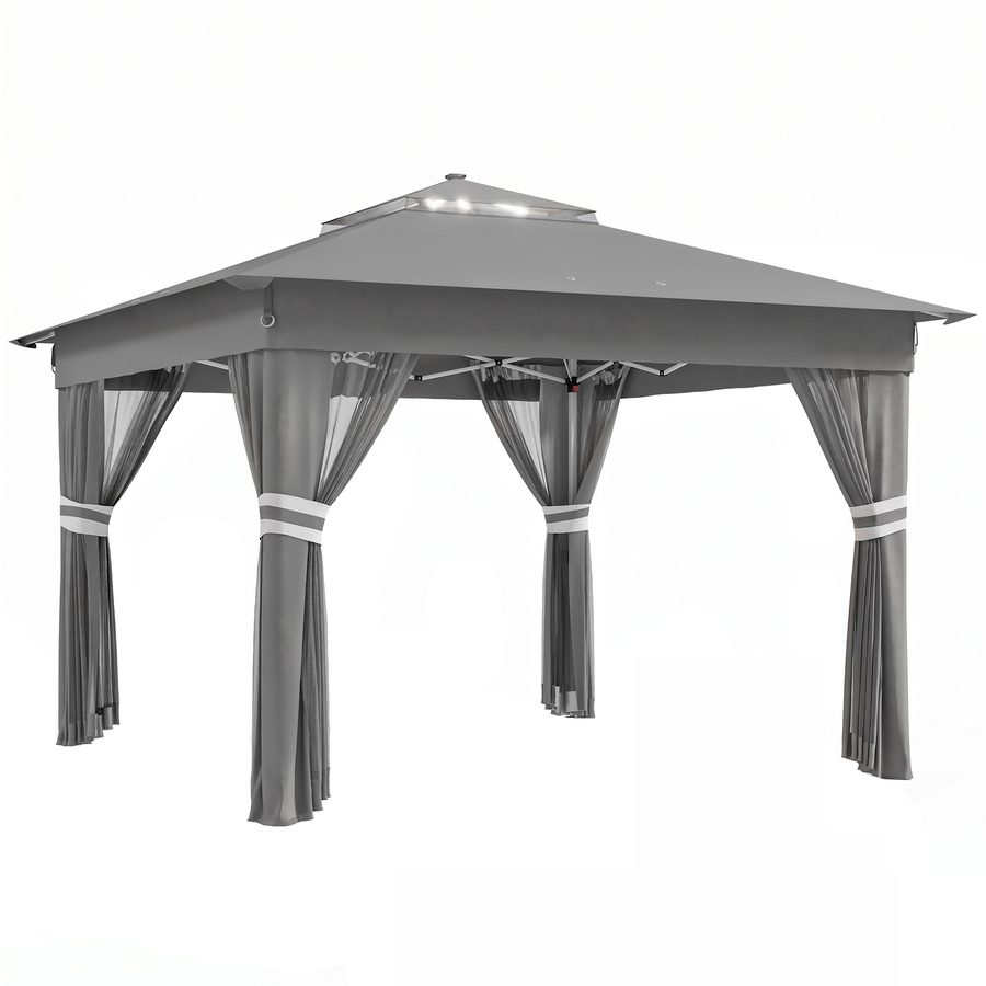 Outsunny Faltpavillon ca. 3 x 3 m, Pavillon mit LED, 4 Netzvorhängen, Seitenwand, Gartenpavillon mit Wassersack, Doppeldach, Tragetasche, Dunkelgrau   Aosom von Outsunny