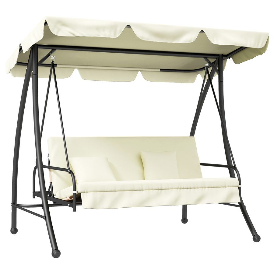 Outsuuny 2 in 1 Hollywoodschaukel mit Liegefunktion 3-Sitzer Gartenschaukel mit verstellbarem Sonnendach, Schaukelbank belast bis 240kg, Gartenliege für Garten, Terrasse, 200x125x170 cm, Cremeweiß   Aosom von Outsunny