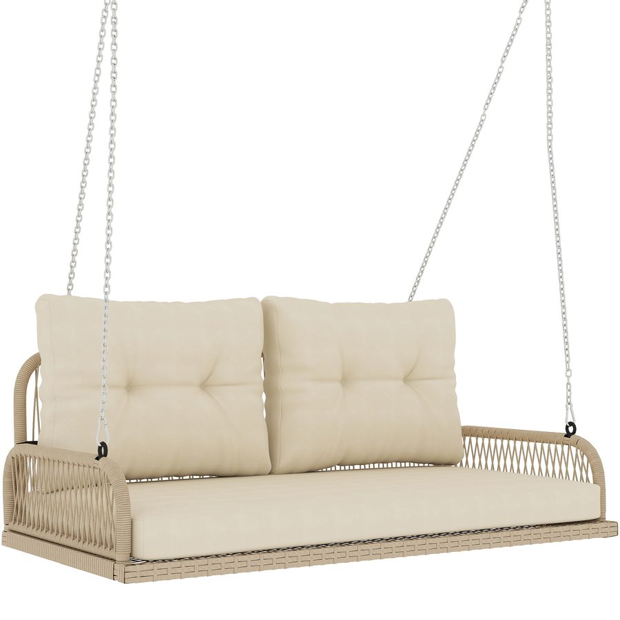 Outsunny Hollywoodschaukel 2-Sitzer Rattan Gartenschaukel mit Kissen Ketten Hängebank bis 240 kg belastbar Hängeschaukel Schaukelbank Gartenbank für Garten Balkon 115 x 66 x 44 cm Beige   Aosom von Outsunny