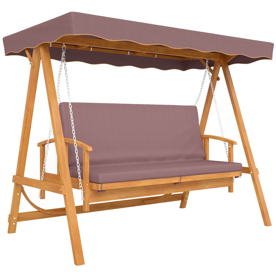 Outsunny 2 in 1 Hollywoodschaukel mit Liegefunktion, 3-Sitzer Gartenschaukel aus Holz, Holzschaukel mit Sonnendach Sitzauflage, Schaukelbank bis 330kg, für Garten, Terrasse, 236x130x181 cm, Braun   Aosom von Outsunny