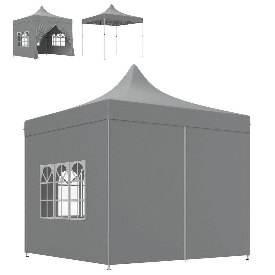Outsunny Gartenpavillon Faltzelt Pop-Up 3 x 3 m 4 abnehmbare Seitenwände 3 Fenster höhenverstellbar Transporttasche für Camping, Festival, Strand, Garten, Grau   Aosom von Outsunny