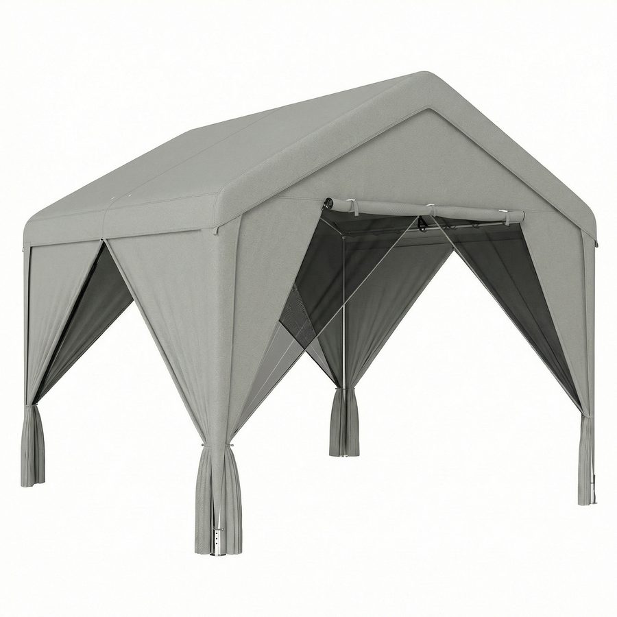 Outsunny Gartenpavillon 3 x 3 m, Außenüberdachung mit Moskitonetz & Vorhängen, schräges Dach, verzinkter Stahlrahmen, Grau   Aosom von Outsunny